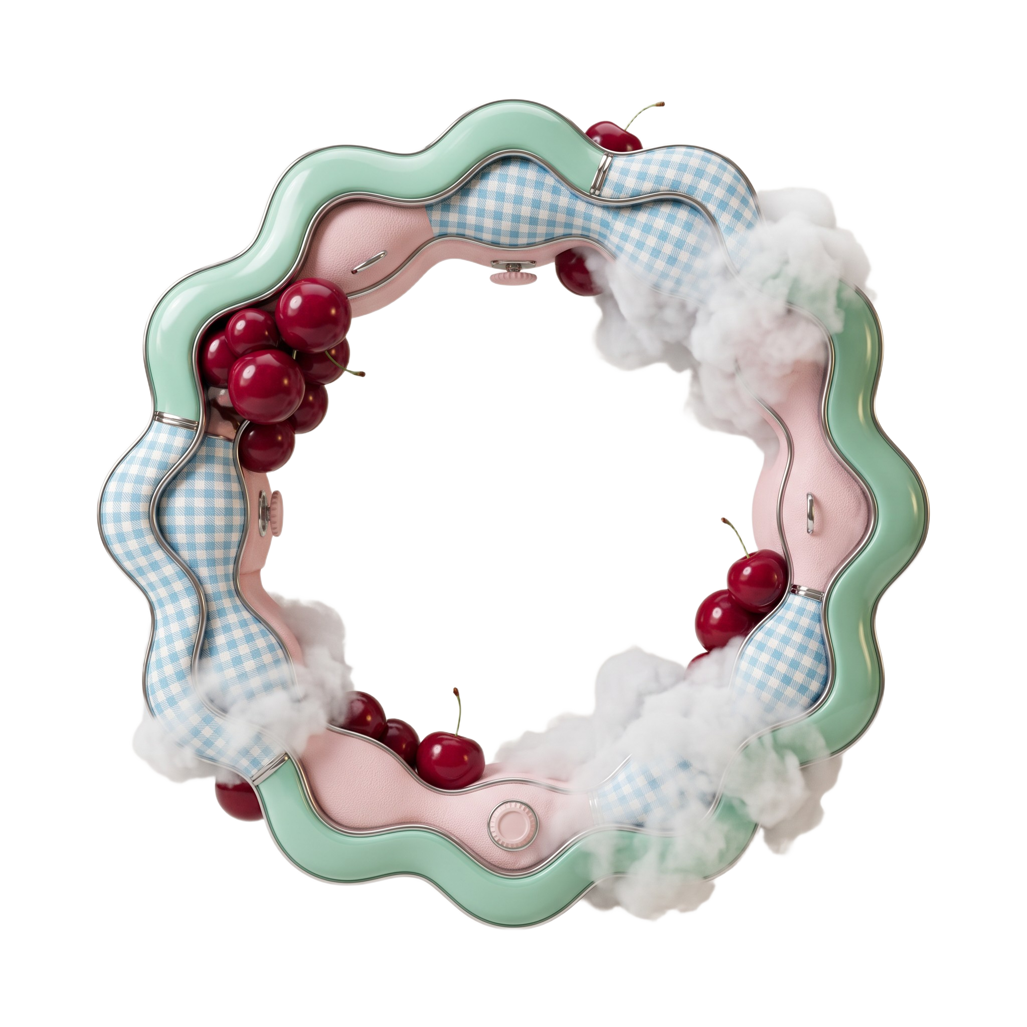Miomoto logo with mint trim, gingham, cherries, and clouds.