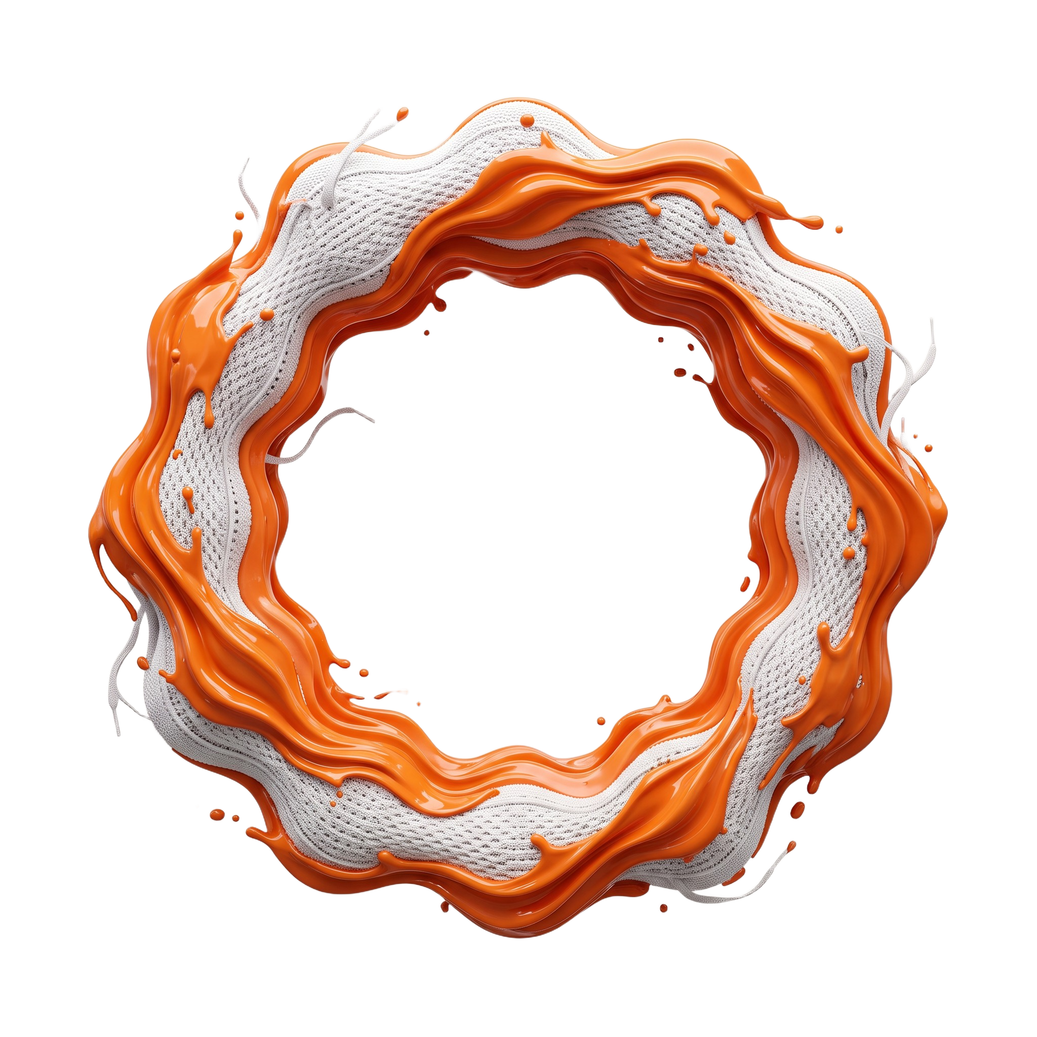 Miomoto logo with orange liquid and white woven material.